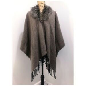 Ladies Fringed Poncho Cape, Faux Fur Collar